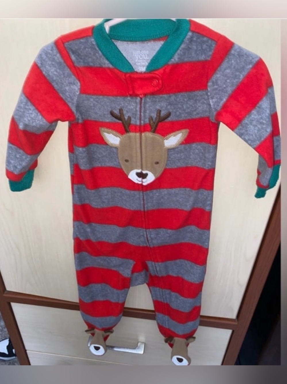 Carter's Baby Christmas Reindeer Fleece Footed Pajamas 9M Red Gray